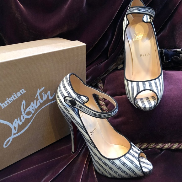 Louboutin Satin Black & White Peep Toe Pumo - Picture 1 of 8
